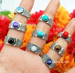 10 PCs Coral & Mix Gemstone Silver Plated Casting Men's Rings, Wholesale Rings, Brass Plated Rings Casting Rings