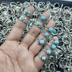 10 PCs Beautiful Larimar Gemstone Silver Plated Casting Rings, Wholesale Rings, Brass Plated Rings, Casting Rings