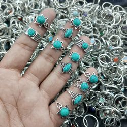 10 PCs Turquoise Gemstone Silver Plated Casting Rings, Wholesale Rings, Brass Plated Rings, Casting Rings For Women