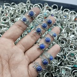 10 PCs Lapis Lazuli Gemstone Silver Plated Casting Rings, Wholesale Rings, Brass Plated Rings, Casting Boho Rings