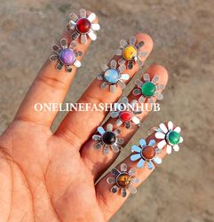 10 PC Charoite & Mix Gemstone Silver Plated Flower Rings, Wholesale Rings, Brass Plated Rings, Flower Boho Rings For Her