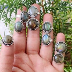 10 PC Labradorite Gemstone Silver Plated Designer Rings, Wholesale Rings, Brass Plated Rings, Labradorite Rings For Gift