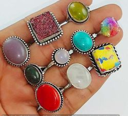 10 PCs Mosaic Jasper & Mix Gemstone Silver Plated Designer Rings, Wholesale Ring, Brass Plated Rings, Rings For MOM