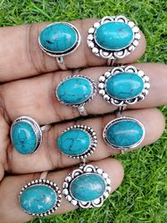 10 PC Turquoise Gemstone Silver Plated Designer Ring, Wholesale Ring, Brass Plated Turquoise Ring, Fashion Rings For MOM