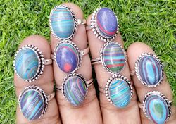 10 PC Rainbow Calsilica Gemstone Silver Plated Designer Rings, Wholesale Ring, Brass Plated Rings, Fashion Rings For MOM