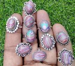 10 PC Rainbow Calsilica Gemstone Silver Plated Designer Rings, Wholesale Ring, Brass Plated Rings, Fashion Rings For MOM