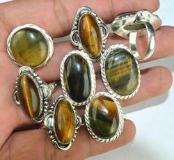 10 PCs Tiger's Eye Gemstone Silver Plated Designer Rings, Wholesale Ring, Brass Plated Rings, Fashion Rings For Friend