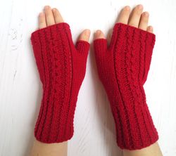 Red Fingerless gloves for woman, wool fingerless mittens, knit hand warmers