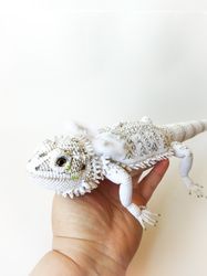 White agama, bearded dragon. Crocheted interior soft lizard figurine. Reptile bearded dragon doll crocheted. Morph agama