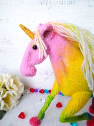 Amigurumi unicorn toy crocheted. Rainbow crocheted plush unicorn. Baby shower toy unicorn gift. Magic toy horse unicorn.