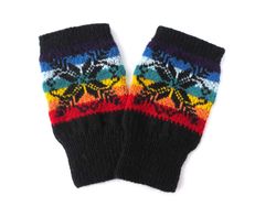 Wool fingerless gloves hand knitted Norwegian gloves for men black rainbow fingerless mittens Christmas gift for Him