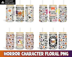 Hocus Pocus characters floral PNG designs, 16oz Libbey glass can tumbler, Sublimation Designs for wraping Digital Instan