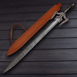 custom handmade damascus steel LUCIENDAR SWORD  with leather sheath