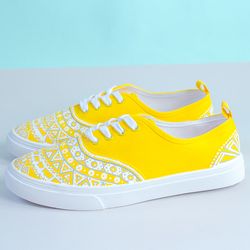 Yellow custom sneakers, Hand painted Lemon shoes with white ornament, Gift for women and men, Unisex summer sneakers