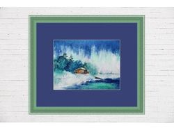 Northern lights landscape painting watercolor miniature 5 by 7.5