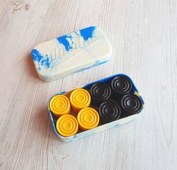 Black yellow Soviet carbolite checkers set vintage - Old Russian draughts pieces box blue white