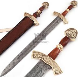 Custom Handmade Damascus Steel Double Edge Viking 32 Inches Sword Fixed Blade With Leather Sheath, Medieval Sword