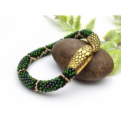 Green snake bracelet, Beaded bracelet, Ouroboros, Handmade bracelet, Beaded snake bracelet for men or women