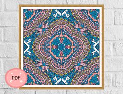 Mandala Cross Stitch Pattern ,Pink And Blue Mandala , Pdf Format , X Stitch Chart , Digital File , Colorful