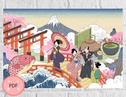 Cross Stitch Pattern,Retro Japan Scenery,Ukiyoe Style,Japanese Garden, Asian Style, Cherry Blossom,Fuji Mountain,Geisha