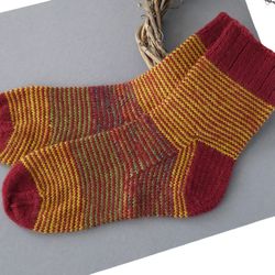 Handmade red wool socks for women.  Hand knit wool socks. Striped socks. Winter gift for women.