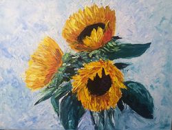 Painting with sunflowers, sunflowers oil painting, yellow sunflowers, flowers oil painting, still life flowers original