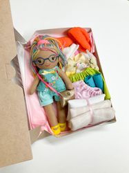 Rainbow hair doll, Mulatto doll in glasses with clothes set, Dress up play doll