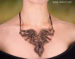 dragon necklace, copper wire agate red garnets, unique wire wrapped goth choker, wire wrap art copper jewelry