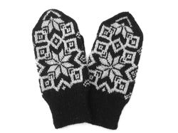 Merino wool mittens men's hand knitted Scandinavian snowflake black gray warm winter mittens men Christmas gift for Him