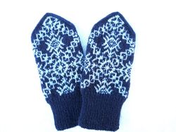 Norwegian mittens men's hand knitted snowflake mittens of merino wool navy blue winter gloves men Christmas gift for Him