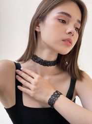 set genuine leather bracelet and choker , women's bracelet, carved bracelet, lace bracelet, laser cut bracelet