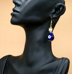 Evil Eye Protection | Freshwater Pearl | Drop Shaped Glass Bead | Golden Earrings Jewelry | Good Luck | Good Fortune