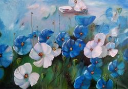 Blue poppies flower oil painting wall painting 19*27 inch Provence wild flowers art