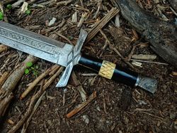 Custom Handmade Damascus Steel 25 Inches Double Edge Hunting Sword, Battle Ready With Leather Sheath, Dark Age Swords