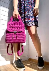 designer crochet backpack, t-shirt yarn bag, cute cotton backpack, crocheted bag, purple crochet backpack