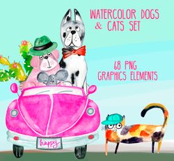 Watercolor cats and dogs hand drawn set, halloween, international dog day, world cat day, funny cats and dogs characters