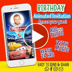 Cars Pixar party invitation, Video invitation, Animated invitations, Lightning McQueen Party invitation, Birthday invite