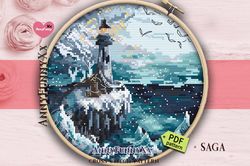 Ice lighthouse cross stitch pattern PDF, frozen world, landscape cross stitch, winter cross stitch, ocean cross stitch