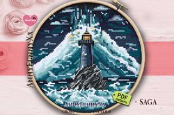 Ice lighthouse cross stitch pattern PDF, iceberg, landscape cross stitch, winter cross stitch, ocean cross stitch
