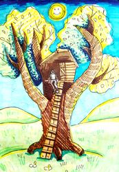 Sunny day, house, tree, girl in a tree house, made with felt-tip pens, marker