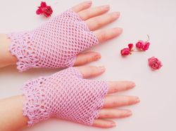 Crochet Bridal Lace Gloves Finger-less Victorian Wedding Gloves Lilac Vintage Summer Gloves Women Handmade Gift for Her