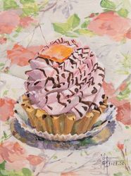 Original Cupcake Gouache Painting, Colorful Watercolor Pink Cake Dessert Still Life Illustration, Small Kitchen Wall Art