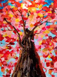 Original Colorful Tree Impasto CanvasPainting Wall Art Nature Art Original Painting Palette Knife Volumetric 3dPainting