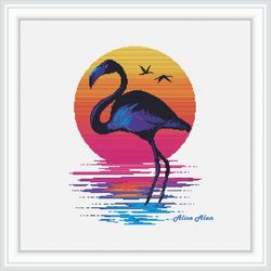 Cross stitch pattern bird Flamingo silhouette sunset sunrise rainbow colorful counted crossstitch patterns Download PDF