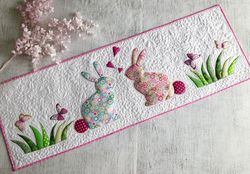 Quilted loving Easter bunnies table runner, Funny bunnies bed topper, Spring tablecloth, Bunnies and flowers quilted