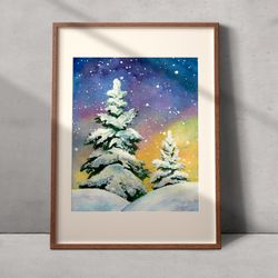 Winter trees watercolor printable file