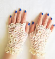 Bridal Lace Mitts Crochet Finger-less Victorian Wedding Summer Irish Lace Gloves with Flowers Handmade Gift for Her