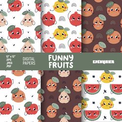 Funny Fruits Digital Paper, Fruit Seamless Pattern, Kids Fruit, Fruit kawaii, Fruit Paper