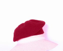Classic french beret burgundy color hand knitted artist hat of merino wool romantic women's beret Christmas gift for Her