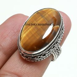 1 PCs Natural Tiger's Eye Gemstone Silver Plated Designer Rings, Bohemian Ring, Brass Plated Rings, Adorable Rings